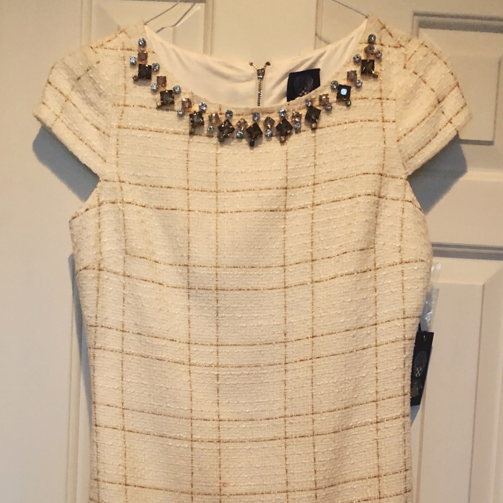 Vince Camuto tweed dress with gem detail